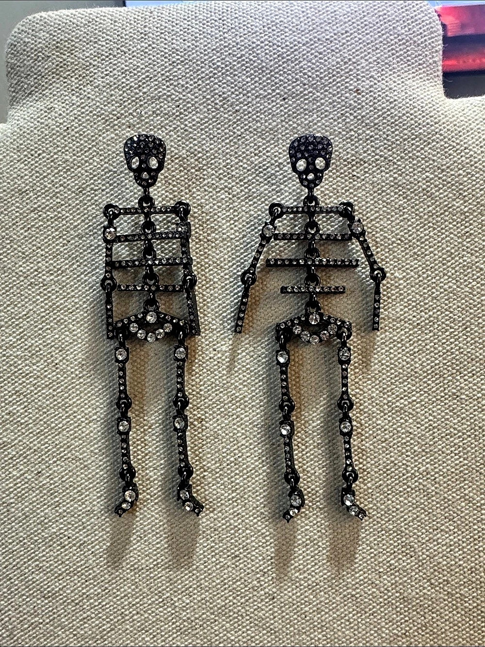Pave Gunmetal Skeleton Black Movable Dangle Earrings